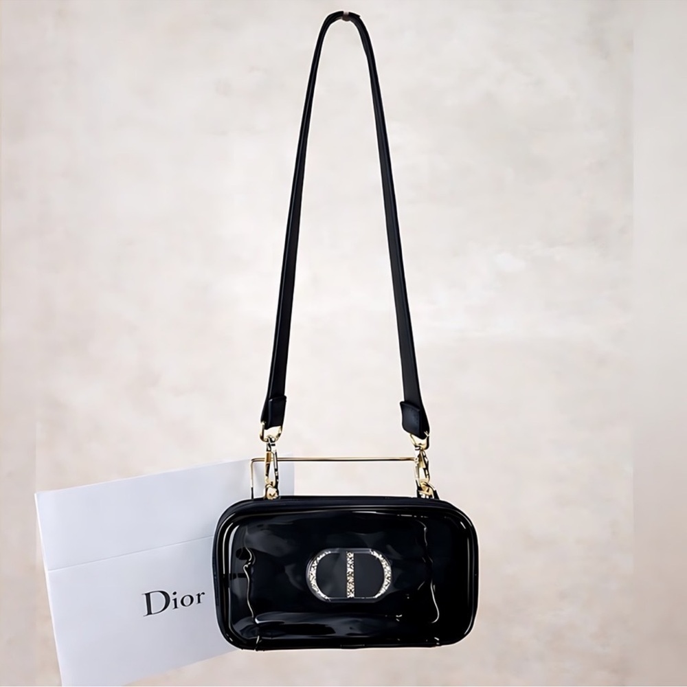 New Dior Upcycled Patent Cosmetic Bag Crossbody Black CD Logo Gold Hardware - Picture 12 of 12